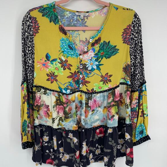 John Mark Top Small Peasant Floral Mixed Print Bohemian Flowy Romantic Festival - Picture 1 of 10